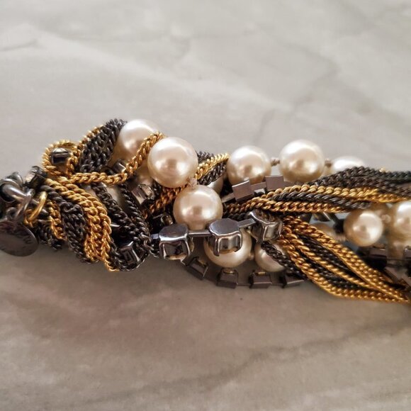 ✨ Vintage J.Crew Pearl Chain Twisted Rhinestones Crystals Statement Bracelet ✨ - Picture 8 of 12